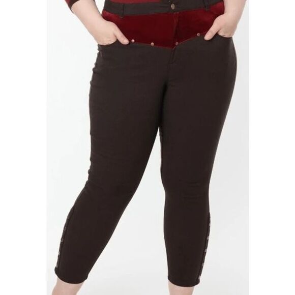 Unique Vintage Brown Denim & Red Yoke Skinny Jeans XL - Picture 1 of 7